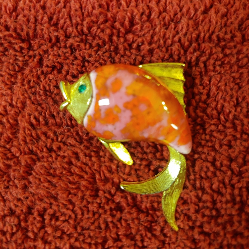 Gold & Orange Fish Ornament Brooch